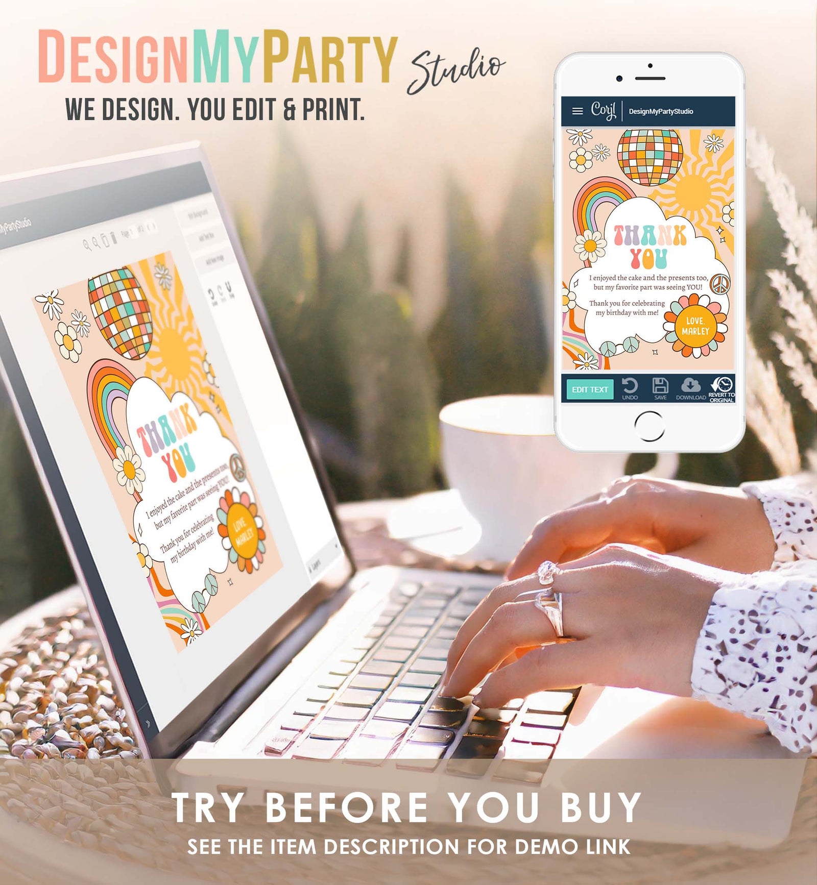 Editable Groovy Birthday Thank You Card Groovy Baby Shower Two Groovy One Boho Retro 70s Daisy Download Template Corjl Printable 0459