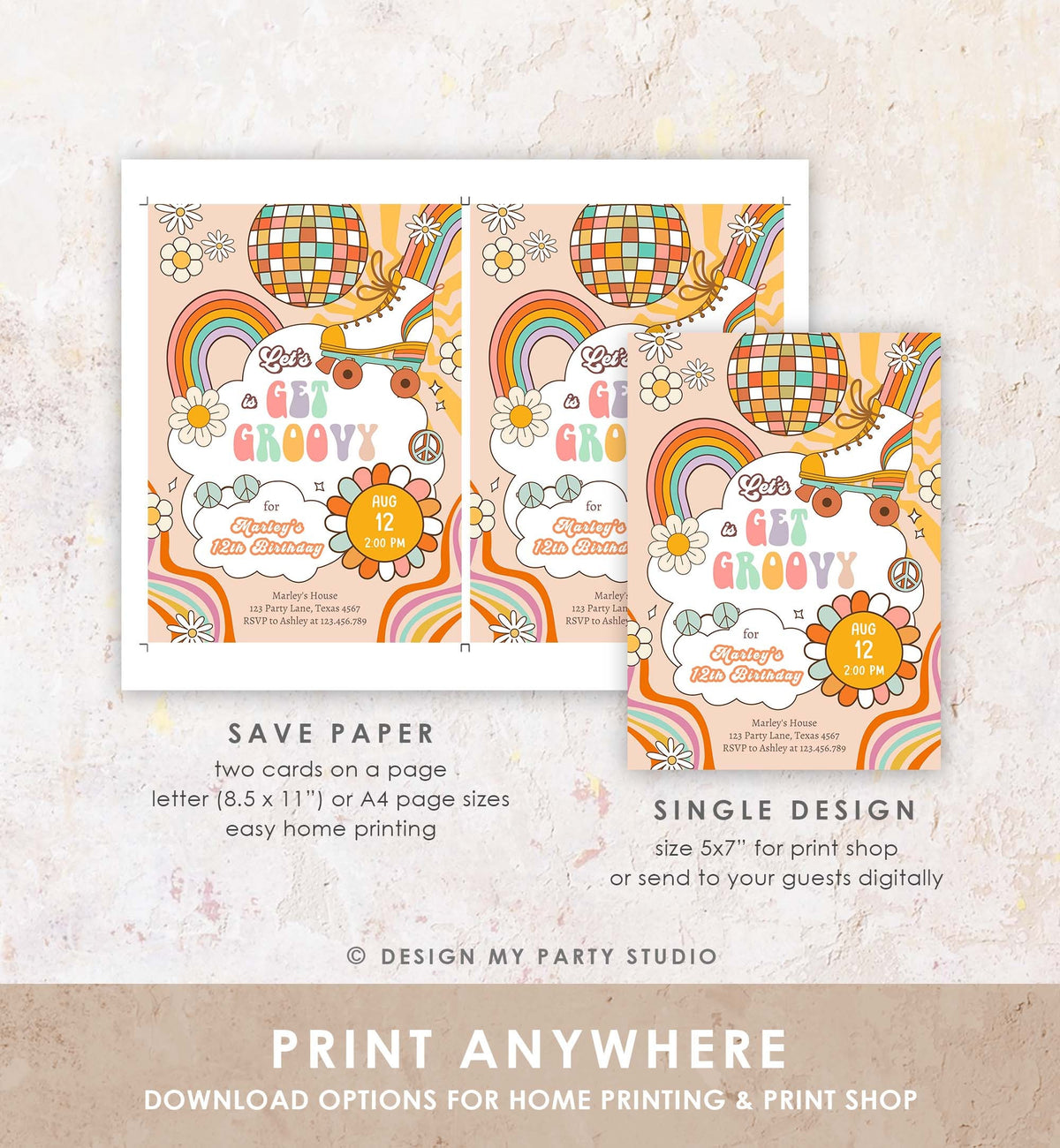 Editable Get Groovy Retro Roller Skate Birthday Party Invitation Let&#39;s Roll Skating Rainbow 70&#39;s Digital Download Template Printable 0459