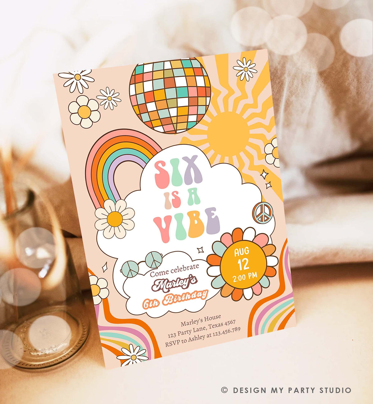 Editable Six Is A Vibe Groovy Birthday Invitation 6th Birthday Retro Invite Rainbow Peace Love Party Download Template Corjl Digital 0459