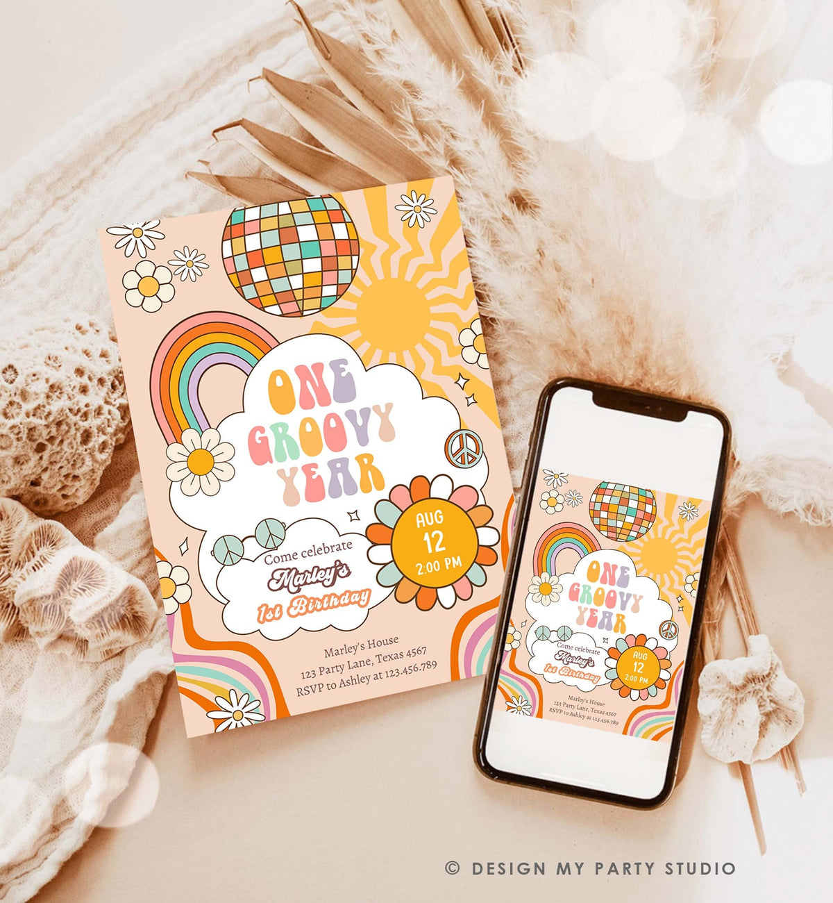 Editable Groovy One Retro 1st Birthday Invitation First Birthday One Groovy Year Invite Peace Love Digital Download Template Printable 0459