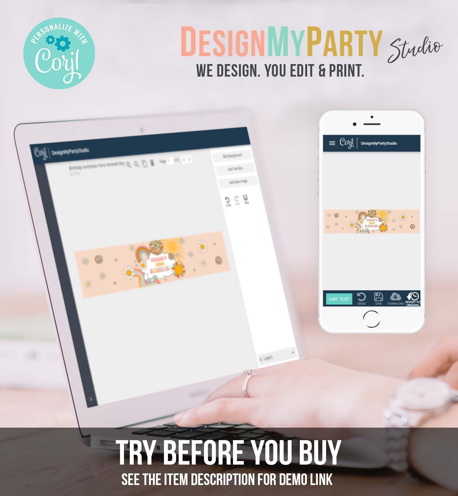 Editable Retro Groovy Water Bottle Label Boy Boho Hippie 70's Party Flower Power Peace Love Girl Digital Download Template Printable 0459