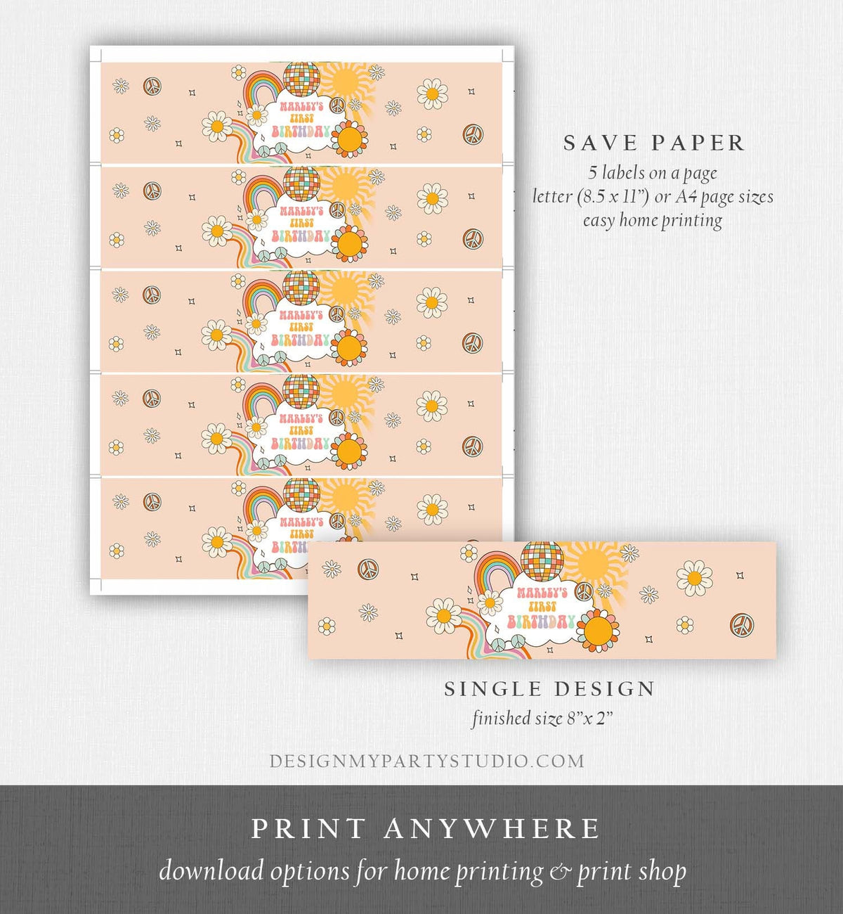 Editable Retro Groovy Water Bottle Label Boy Boho Hippie 70&#39;s Party Flower Power Peace Love Girl Digital Download Template Printable 0459