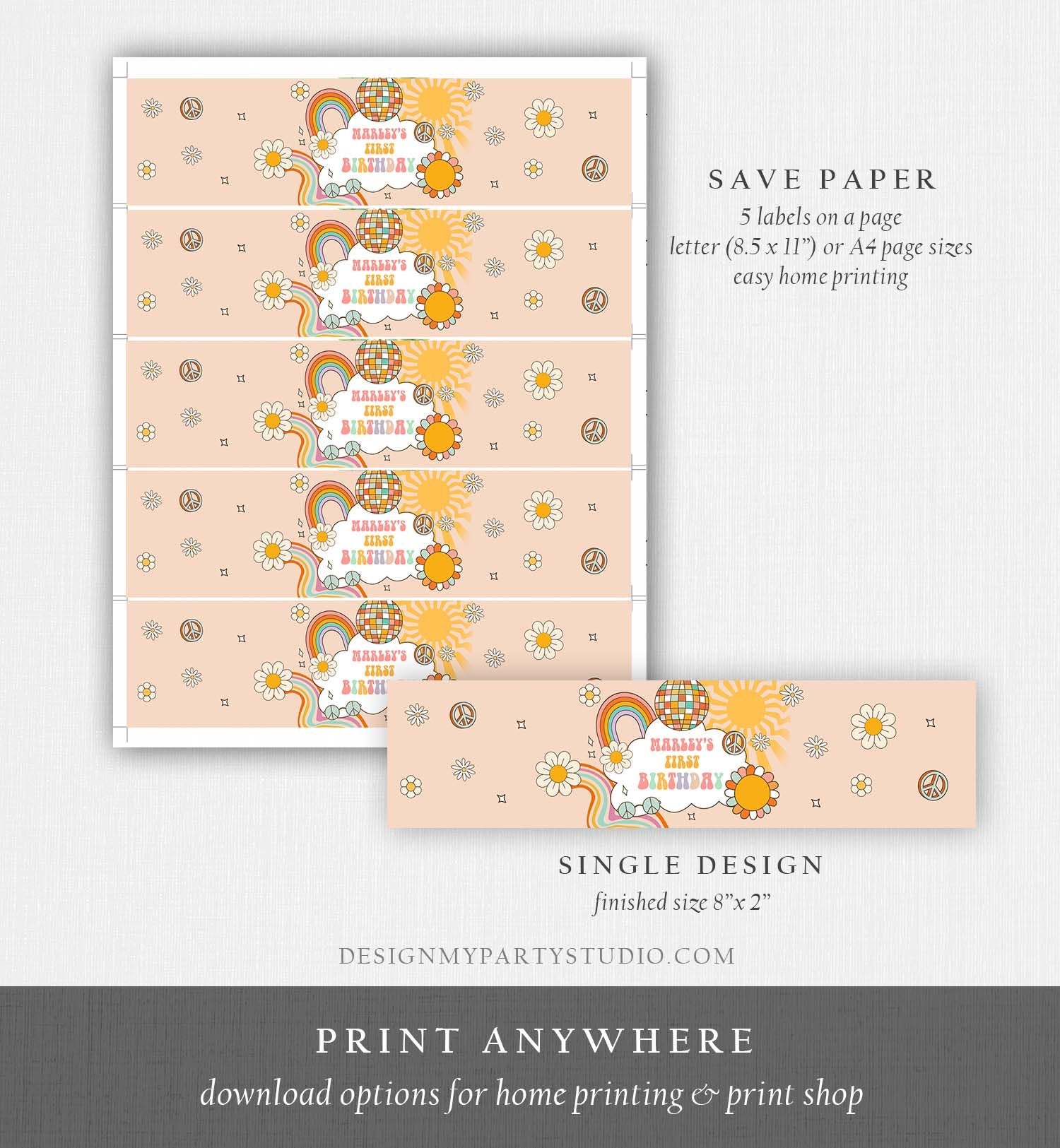 Editable Retro Groovy Water Bottle Label Boy Boho Hippie 70's Party Flower Power Peace Love Girl Digital Download Template Printable 0459