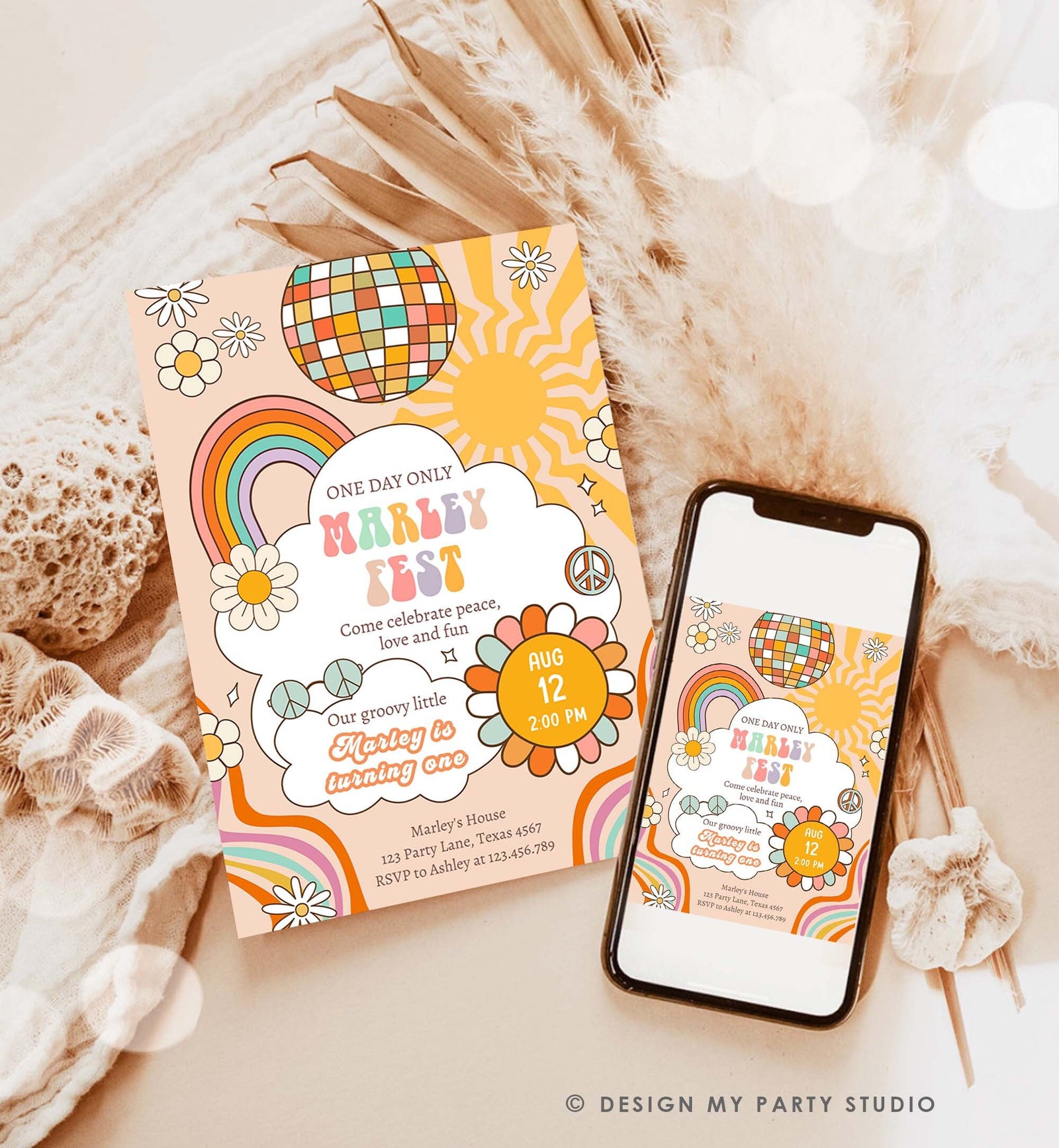 Editable Groovy Fest Retro Boho Birthday Invitation First Birthday One Two Groovy Invite Peace Love Download Template Corjl Digital 0459