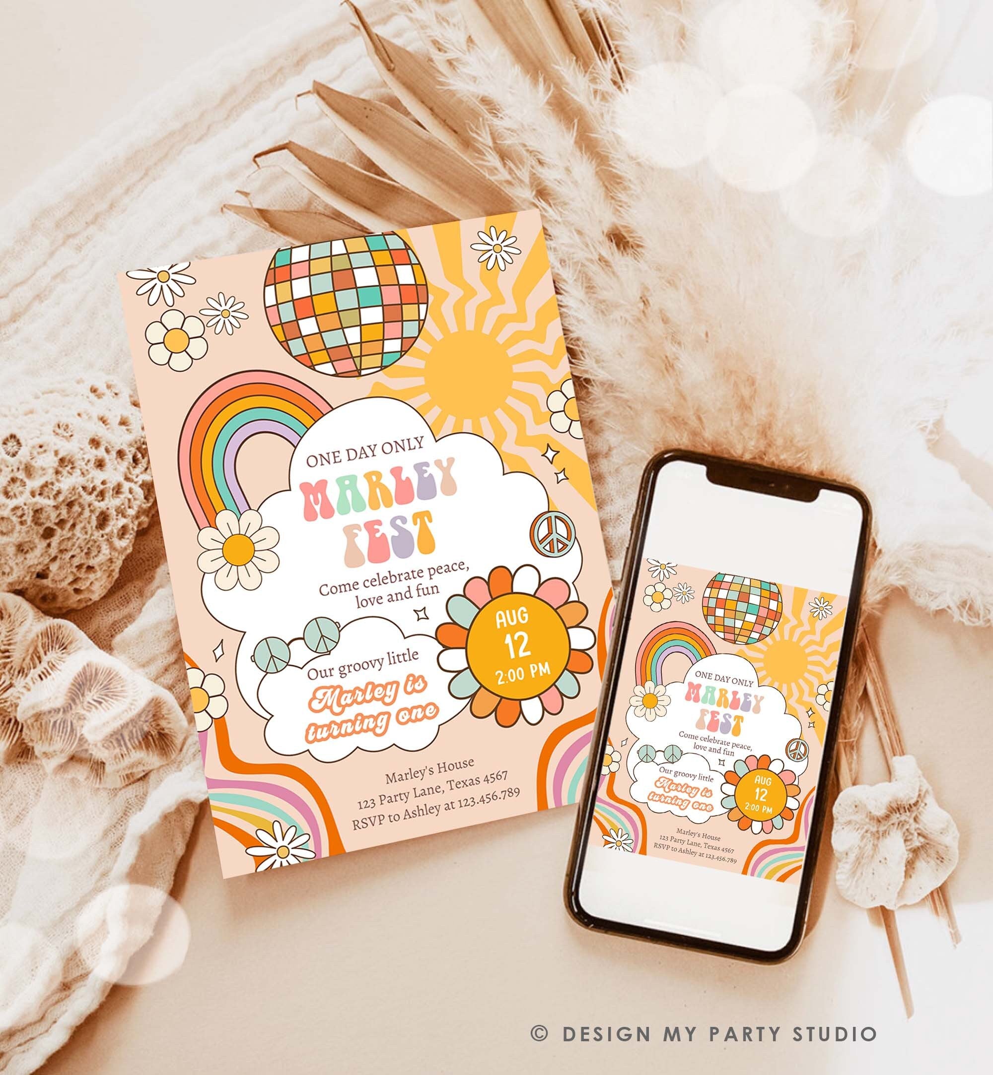 Editable Groovy Fest Retro Boho Birthday Invitation First Birthday One Two Groovy Invite Peace Love Download Template Corjl Digital 0459
