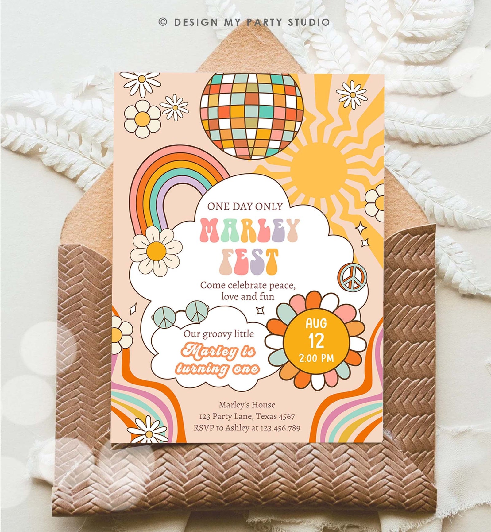 Editable Groovy Fest Retro Boho Birthday Invitation First Birthday One Two Groovy Invite Peace Love Download Template Corjl Digital 0459