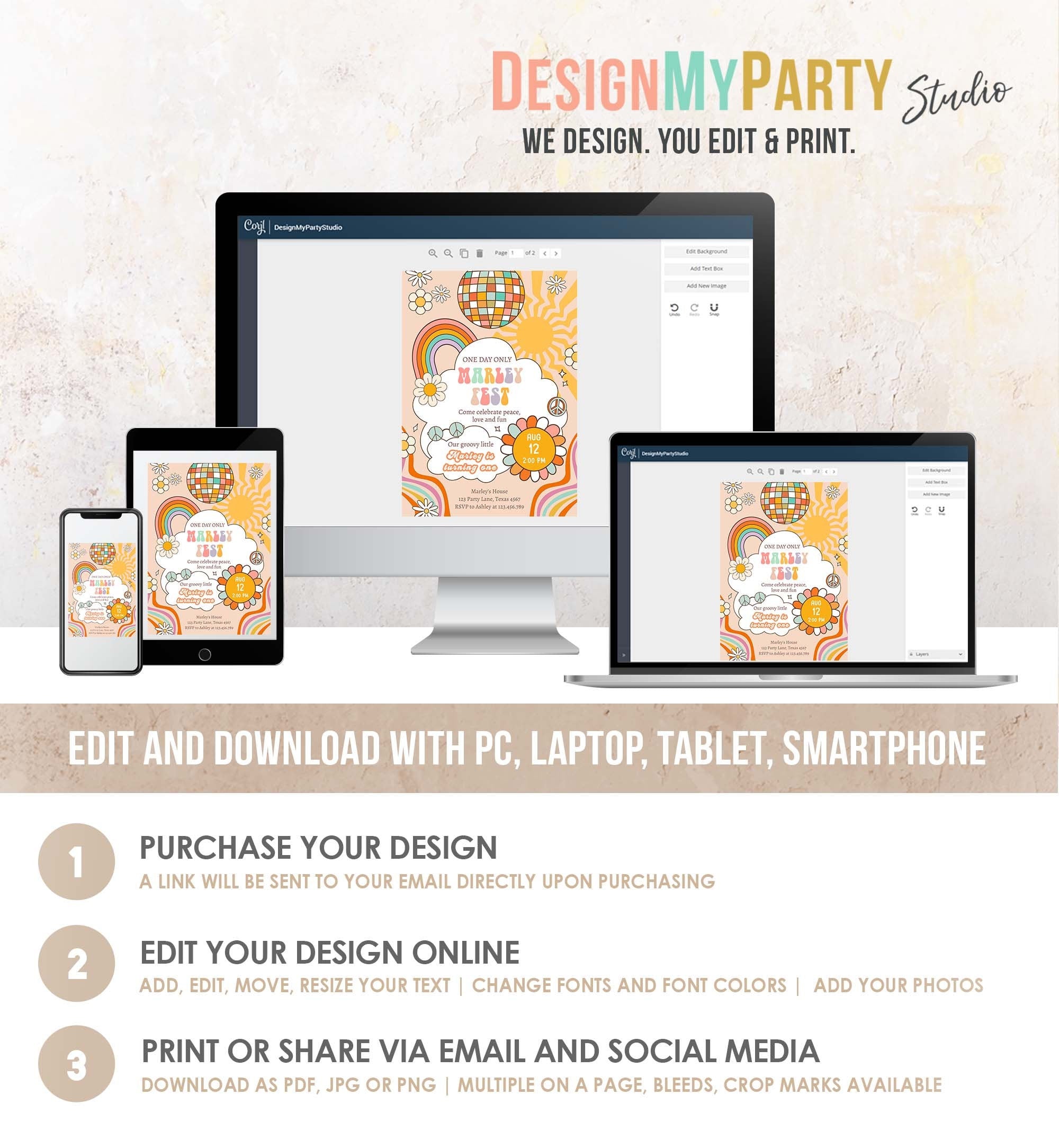 Editable Groovy Fest Retro Boho Birthday Invitation First Birthday One Two Groovy Invite Peace Love Download Template Corjl Digital 0459