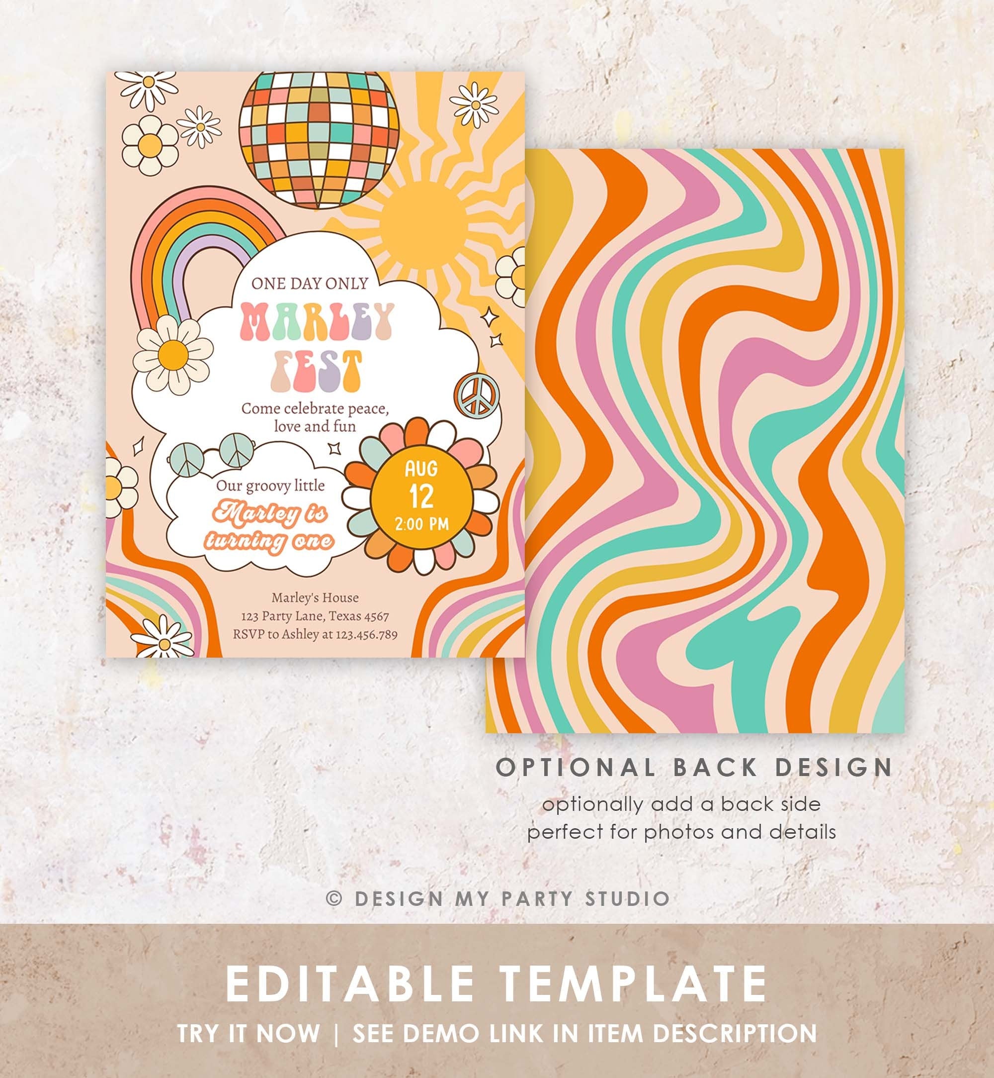 Editable Groovy Fest Retro Boho Birthday Invitation First Birthday One Two Groovy Invite Peace Love Download Template Corjl Digital 0459