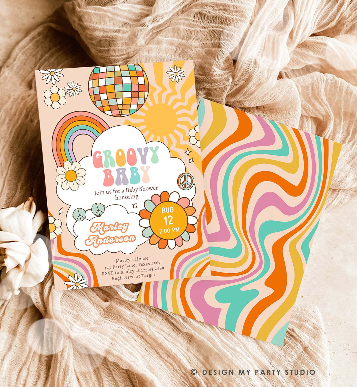 Editable Groovy Baby Retro Baby Shower Invitation Boho Flower Power Hippie 70&#39;s Party Peace Love Download Template Corjl Digital 0459