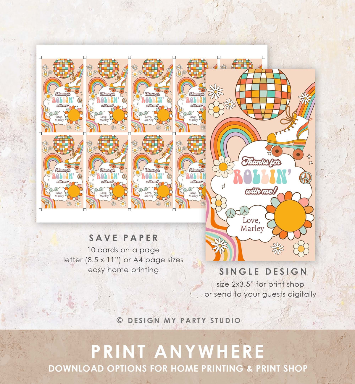 Editable Roller Skate Favor Tag Groovy Retro Birthday Thank You Tags Girl Retro 70&#39;s Party Flower Power Hippie Printable Corjl Template 0459