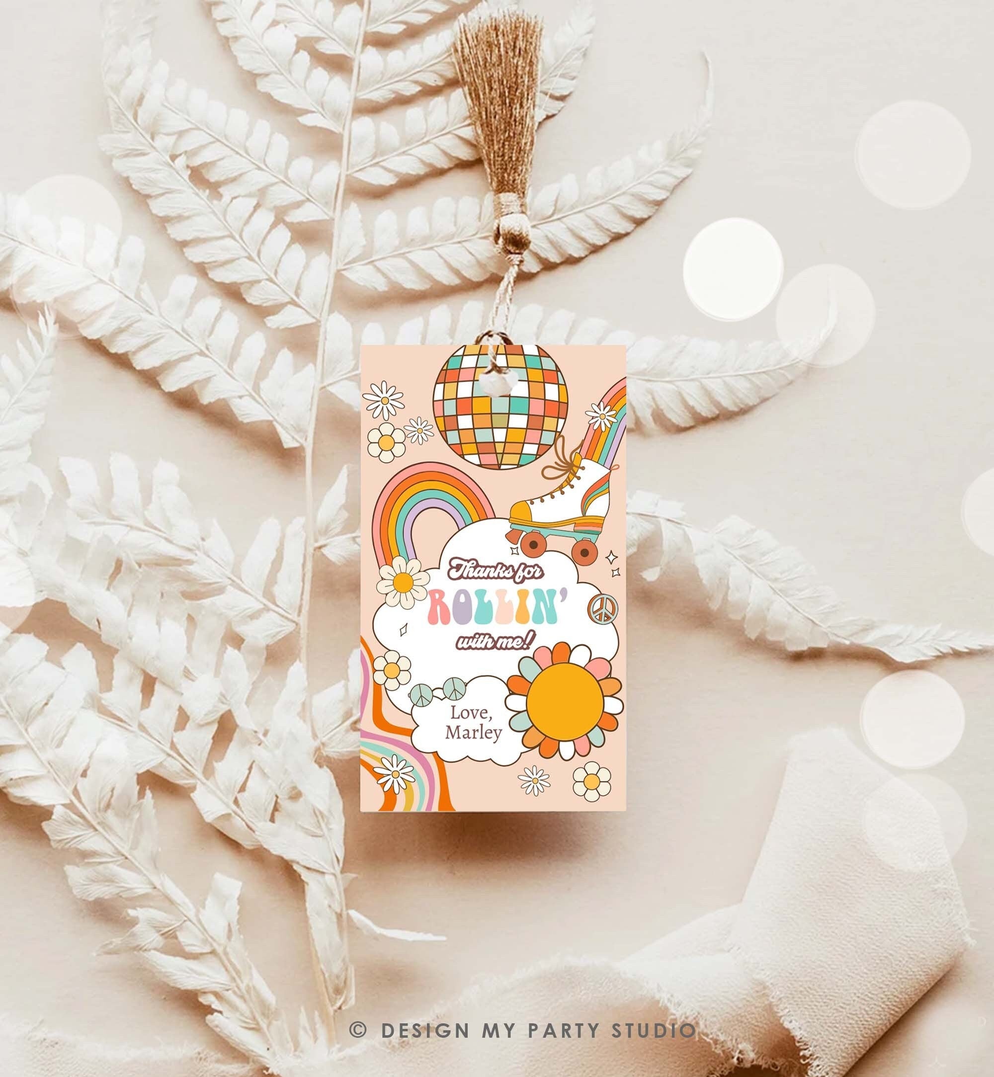 Editable Roller Skate Favor Tag Groovy Retro Birthday Thank You Tags Girl Retro 70's Party Flower Power Hippie Printable Corjl Template 0459