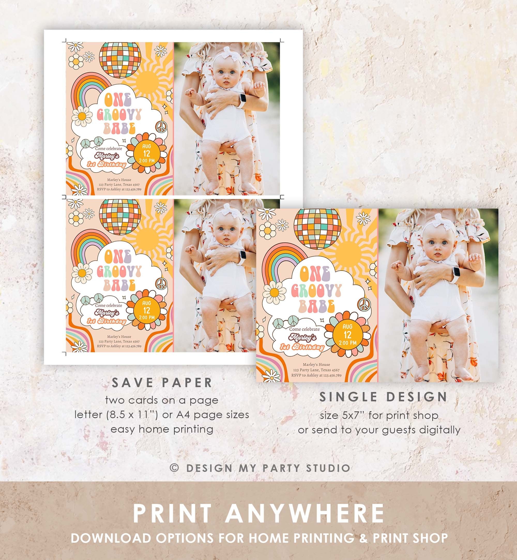 Editable Groovy One Retro 1st Birthday Invitation First Birthday One Groovy Babe Peace Love Digital Download Evite Template Printable 0459