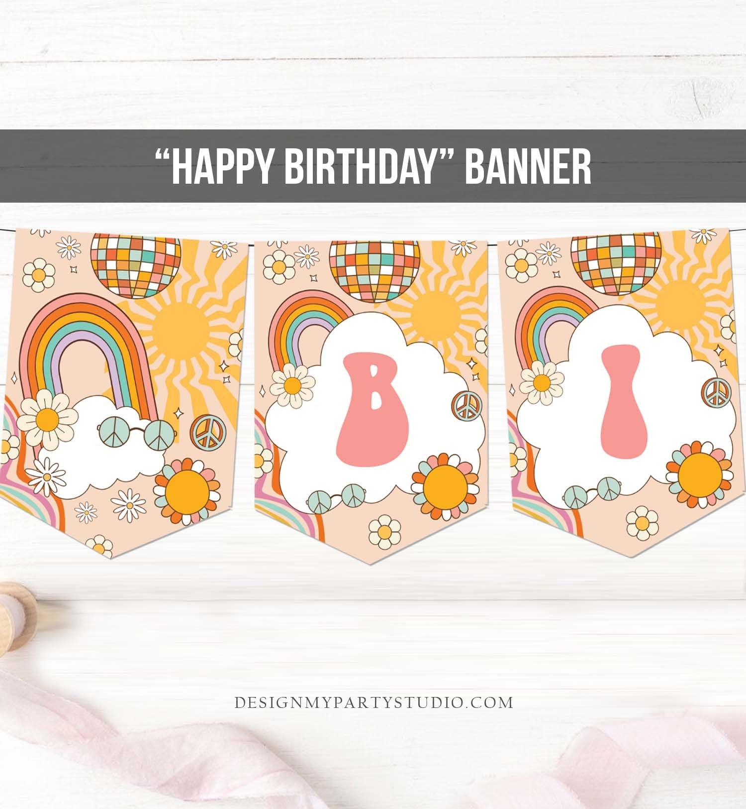 Happy Birthday Banner Daisy Birthday Banner Girl Groovy Birthday Party Decor Boho Retro Floral 70's Hippie Download PRINTABLE DIGITAL 0459