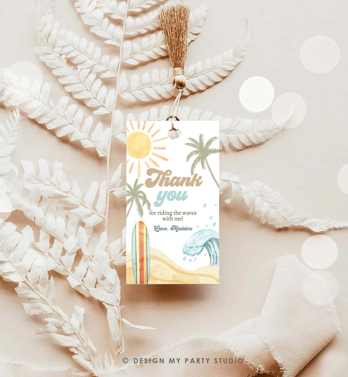 Editable Retro Surf Favor Tags Boy First Birthday The Big One Thank you Tags Beach Party Surfing Hippie Wave Template Corjl PRINTABLE 0433