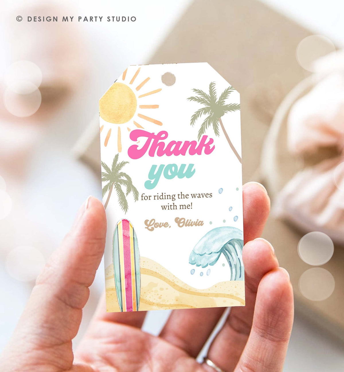 Editable Retro Surf Favor Tags Girl First Birthday The Big One Thank you Tags Beach Party Surfing Hippie Wave Template Corjl PRINTABLE 0433