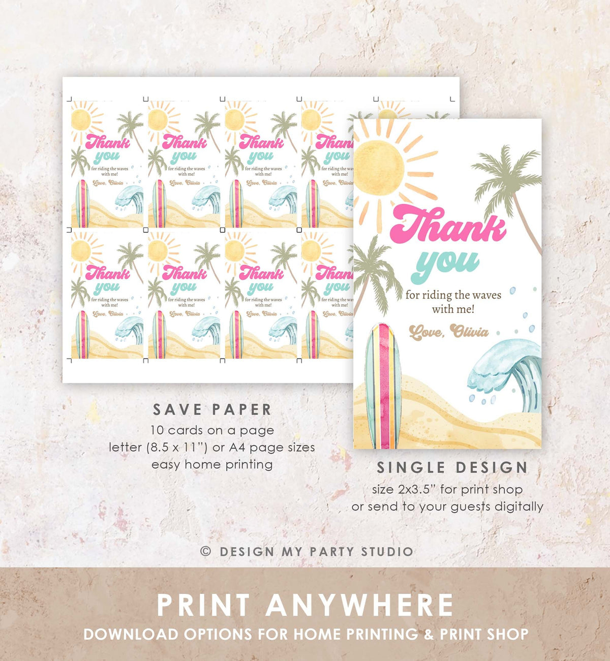 Editable Retro Surf Favor Tags Girl First Birthday The Big One Thank you Tags Beach Party Surfing Hippie Wave Template Corjl PRINTABLE 0433