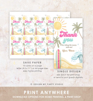 Editable Retro Surf Favor Tags Girl First Birthday The Big One Thank you Tags Beach Party Surfing Hippie Wave Template Corjl PRINTABLE 0433