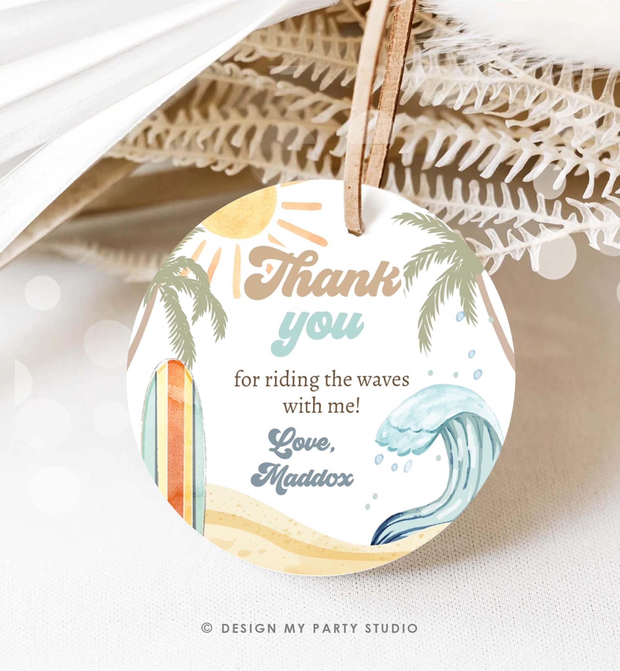 Editable Retro Surf Favor Tag Boy First Birthday The Big One Thank You Tag Beach Party Surfing Hippie Wave Template Corjl PRINTABLE 0433
