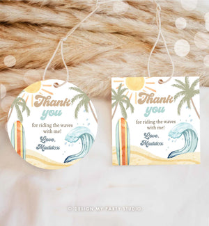 Editable Retro Surf Favor Tag Boy First Birthday The Big One Thank You Tag Beach Party Surfing Hippie Wave Template Corjl PRINTABLE 0433