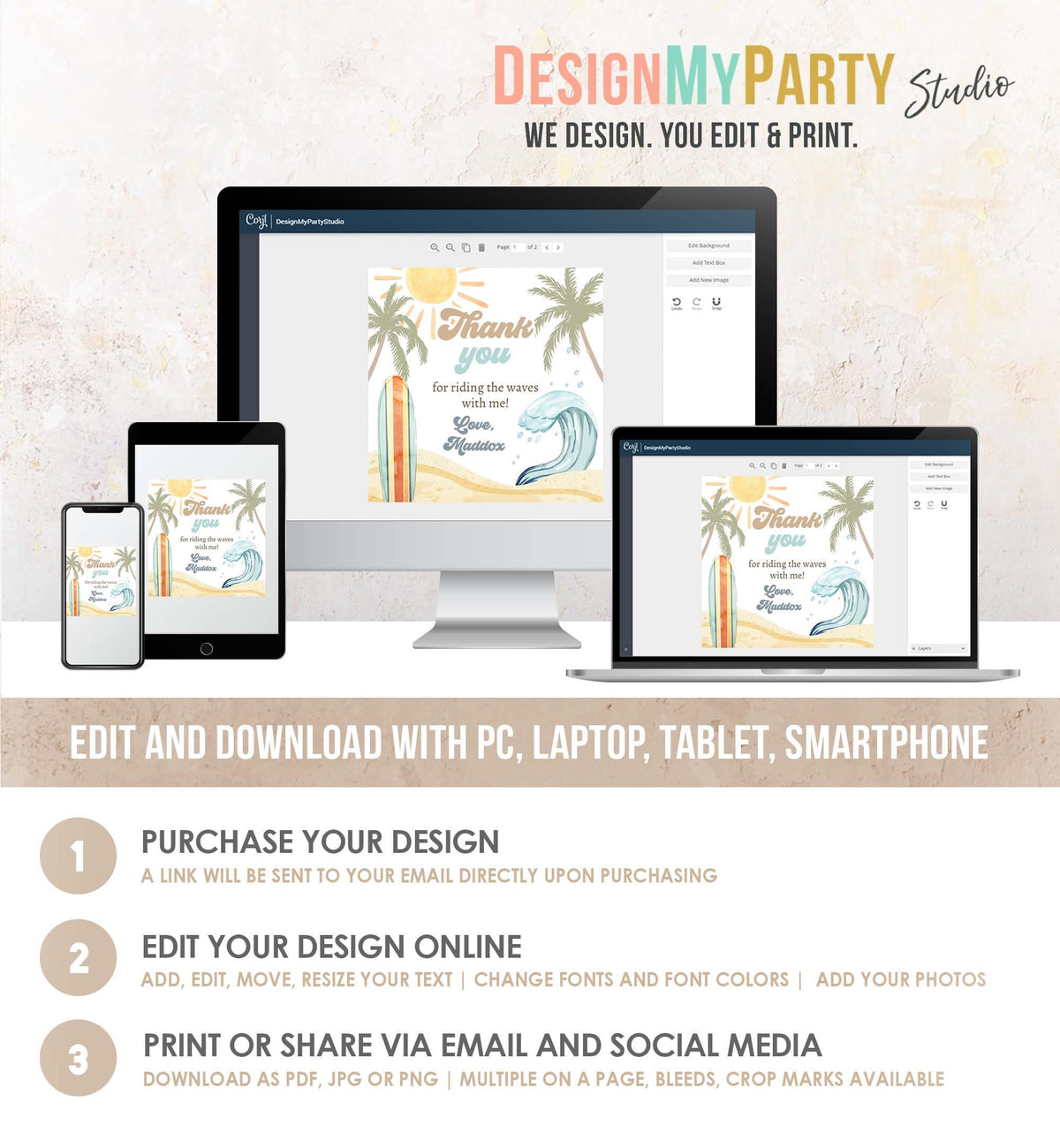 Editable Retro Surf Favor Tag Boy First Birthday The Big One Thank You Tag Beach Party Surfing Hippie Wave Template Corjl PRINTABLE 0433