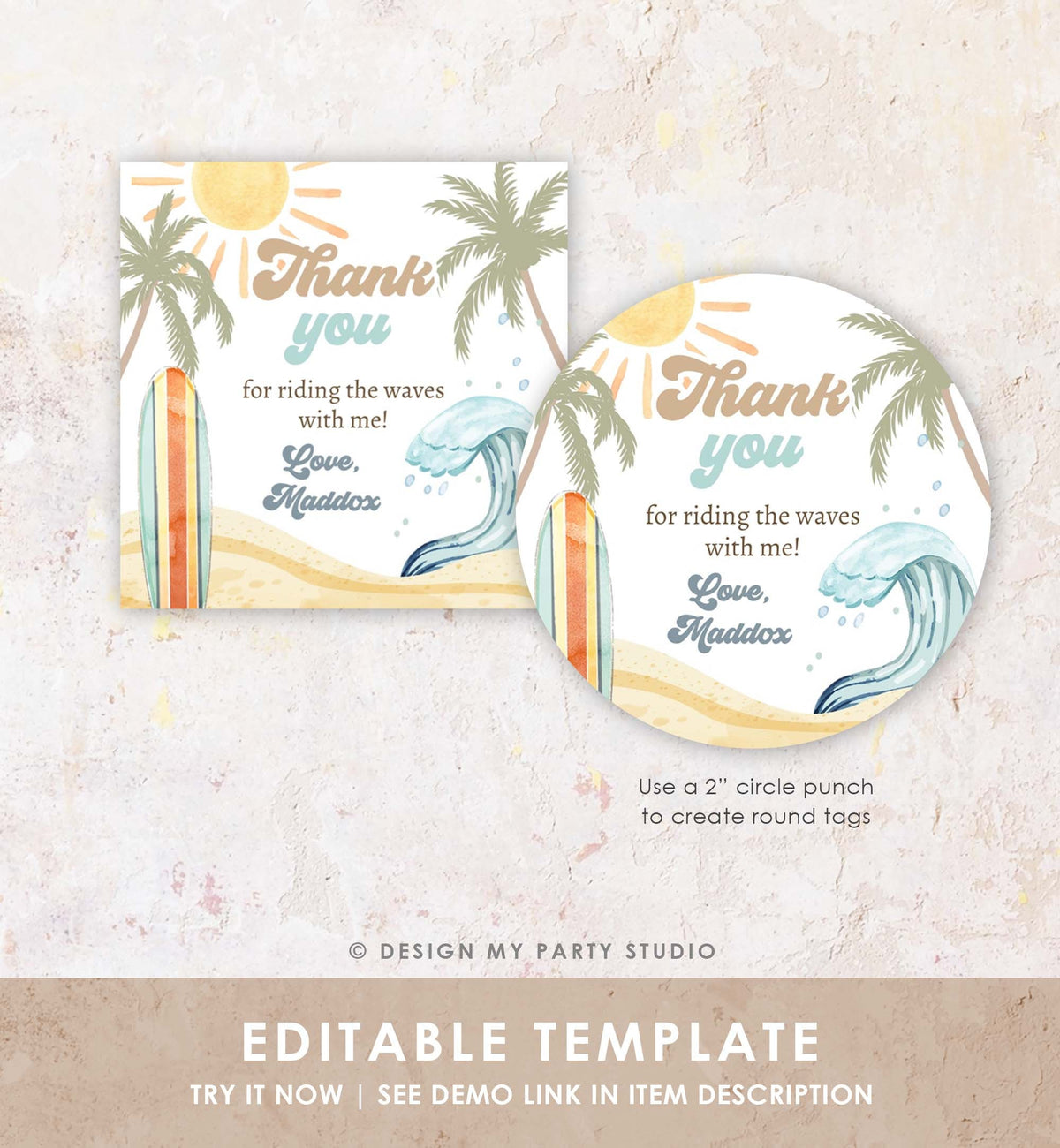Editable Retro Surf Favor Tag Boy First Birthday The Big One Thank You Tag Beach Party Surfing Hippie Wave Template Corjl PRINTABLE 0433
