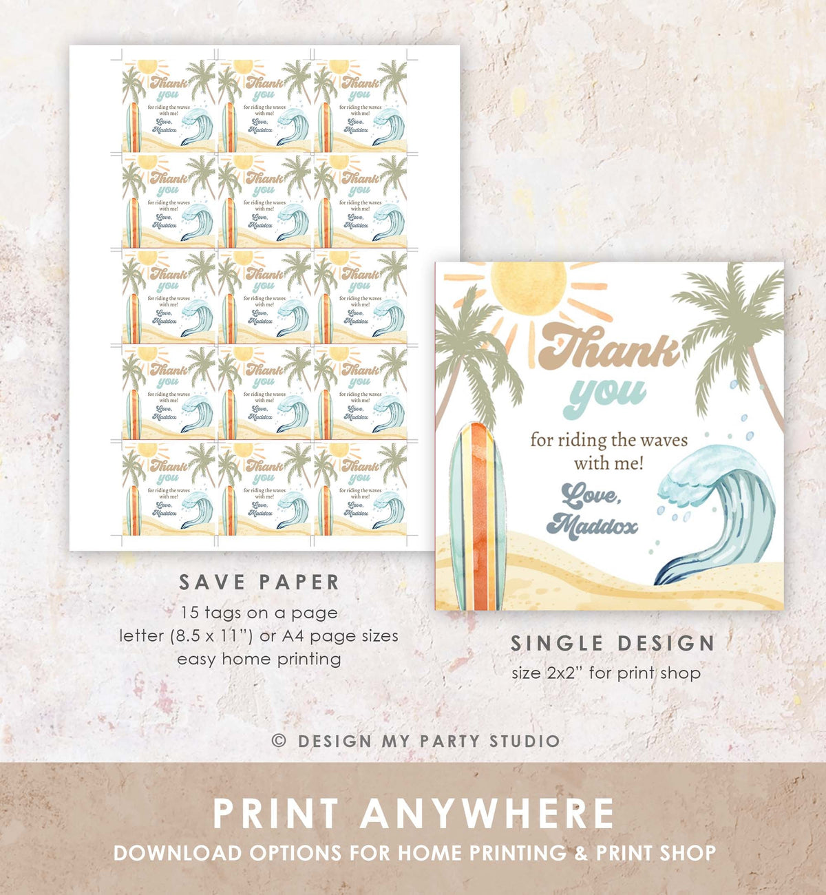Editable Retro Surf Favor Tag Boy First Birthday The Big One Thank You Tag Beach Party Surfing Hippie Wave Template Corjl PRINTABLE 0433