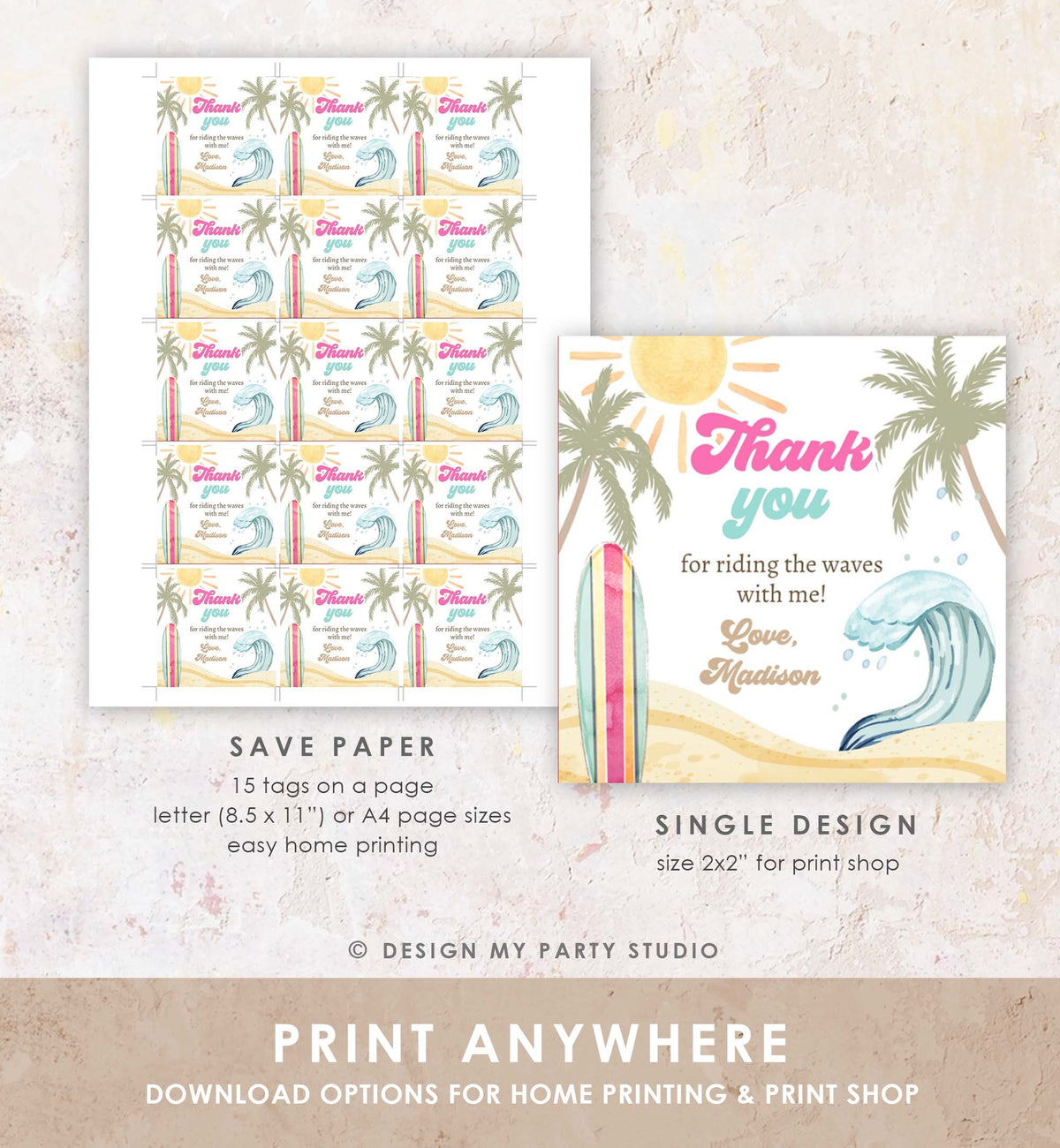 Editable Retro Surf Favor Tag Girl First Birthday The Big One Thank You Tag Beach Party Surfing Hippie Wave Digital Template Printable 0433