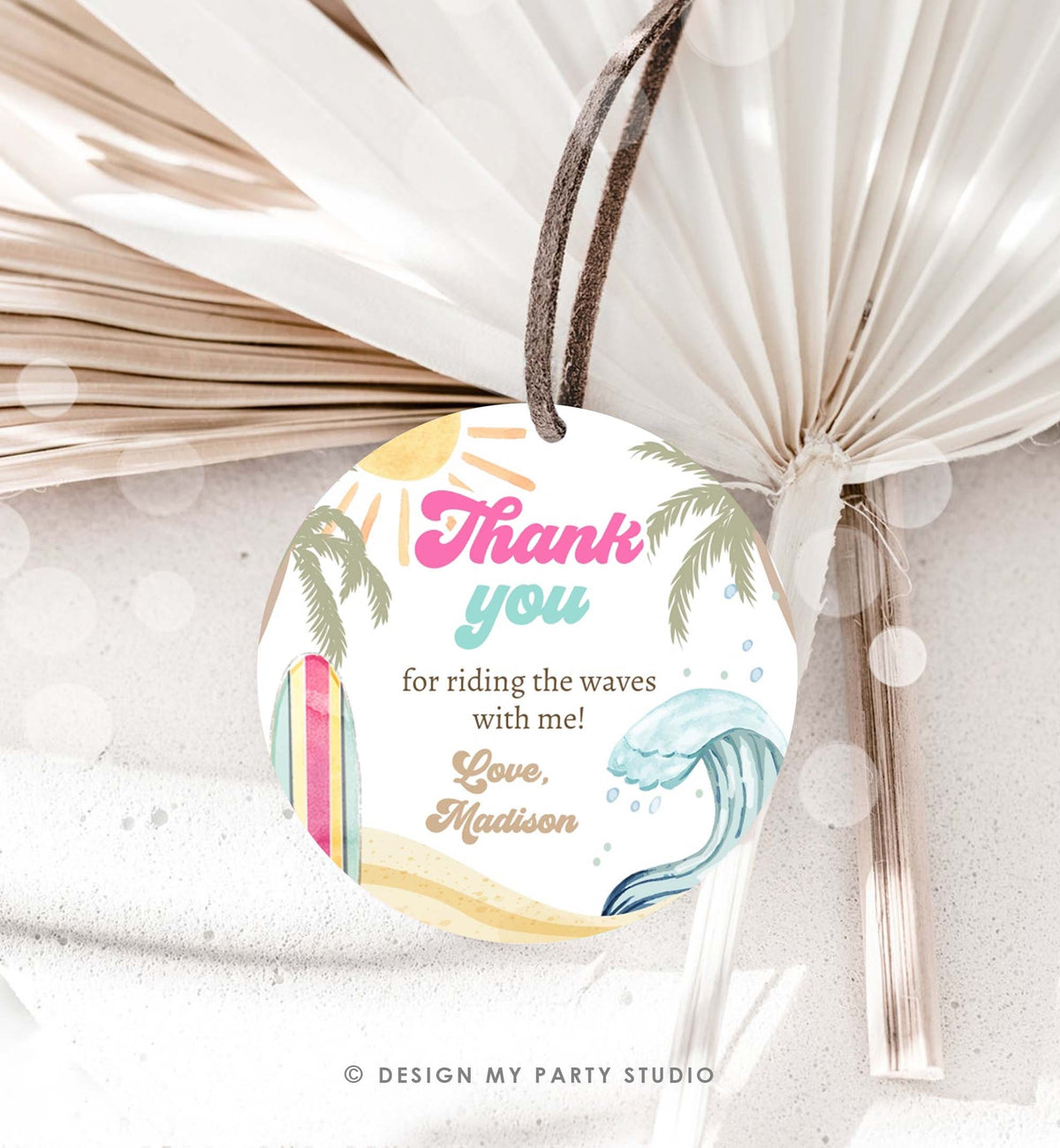 Editable Retro Surf Favor Tag Girl First Birthday The Big One Thank You Tag Beach Party Surfing Hippie Wave Digital Template Printable 0433