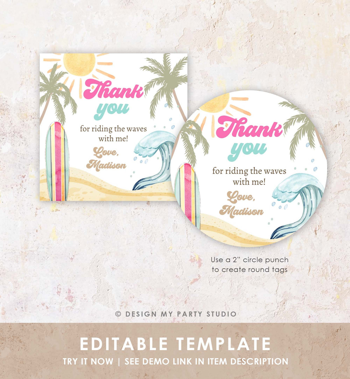 Editable Retro Surf Favor Tag Girl First Birthday The Big One Thank You Tag Beach Party Surfing Hippie Wave Digital Template Printable 0433