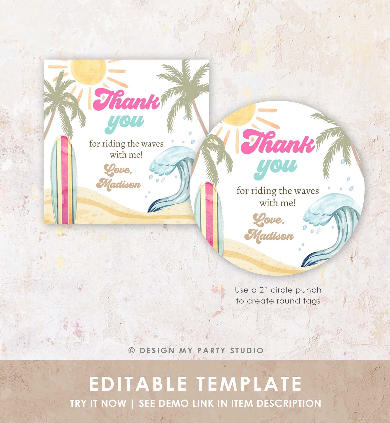 Editable Retro Surf Favor Tag Girl First Birthday The Big One Thank You Tag Beach Party Surfing Hippie Wave Digital Template Printable 0433