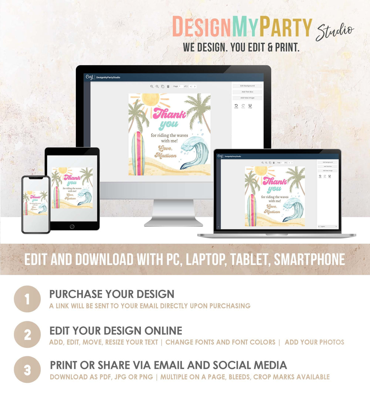 Editable Retro Surf Favor Tag Girl First Birthday The Big One Thank You Tag Beach Party Surfing Hippie Wave Digital Template Printable 0433