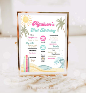 Editable Surf Birthday Milestones Sign Girl Big One Summer Party Surfing Board Groovy Retro Beach 1st Party Template Printable Corjl 0433