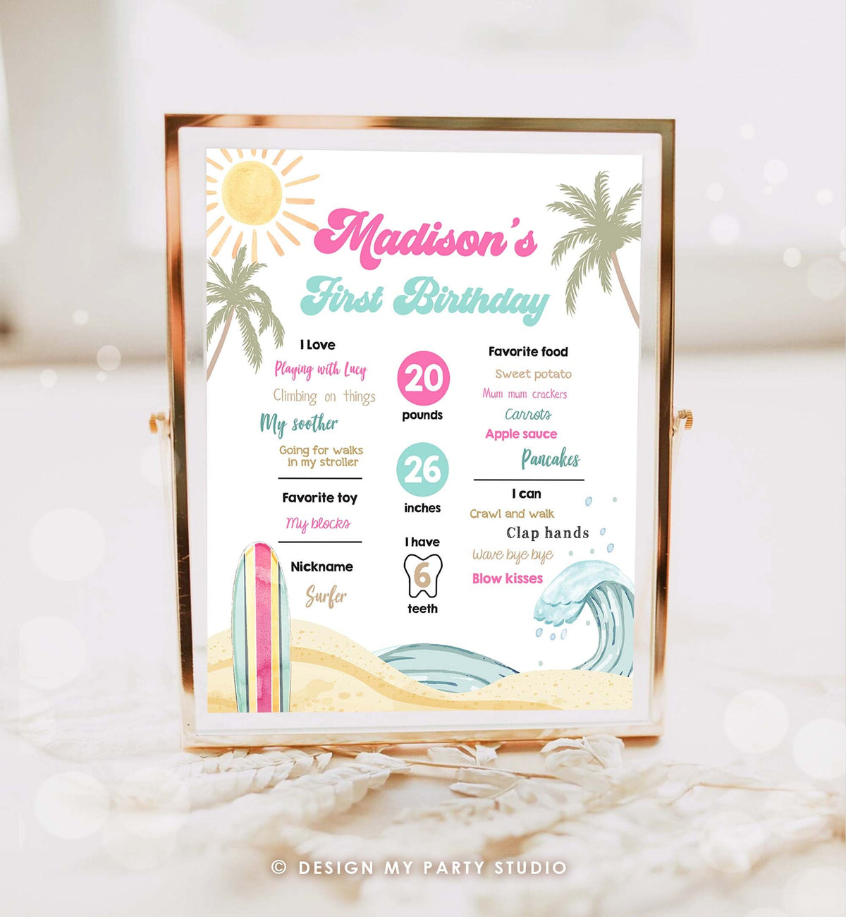 Editable Surf Birthday Milestones Sign Girl Big One Summer Party Surfing Board Groovy Retro Beach 1st Party Digital Template Printable 0433