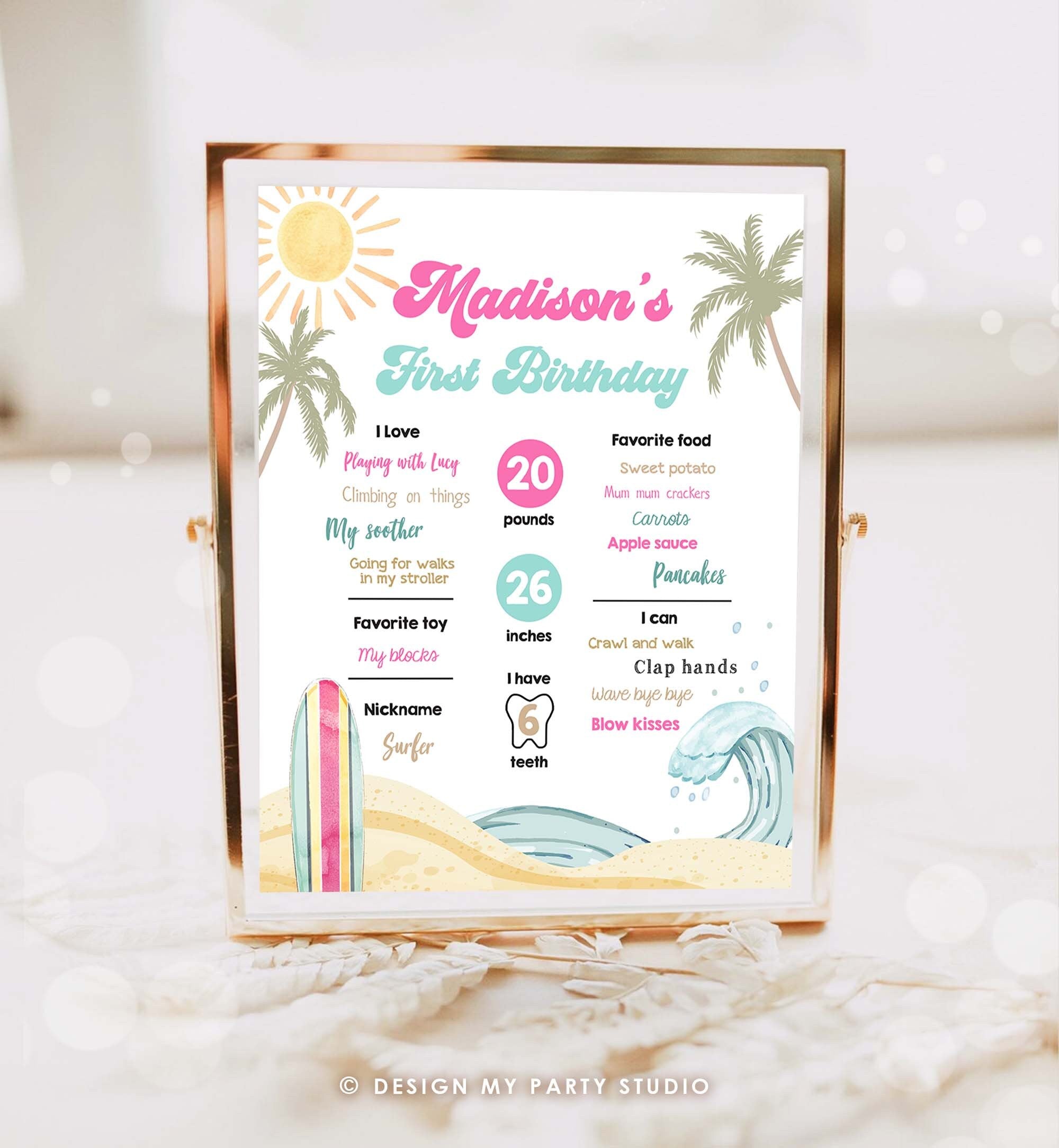 Editable Surf Birthday Milestones Sign Girl Big One Summer Party Surfing Board Groovy Retro Beach 1st Party Digital Template Printable 0433