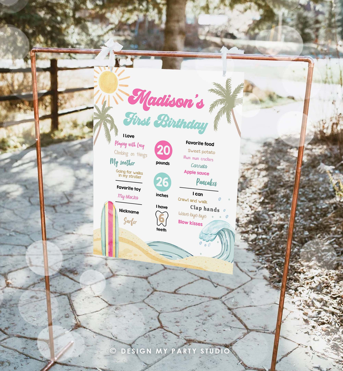 Editable Surf Birthday Milestones Sign Girl Big One Summer Party Surfing Board Groovy Retro Beach 1st Party Digital Template Printable 0433