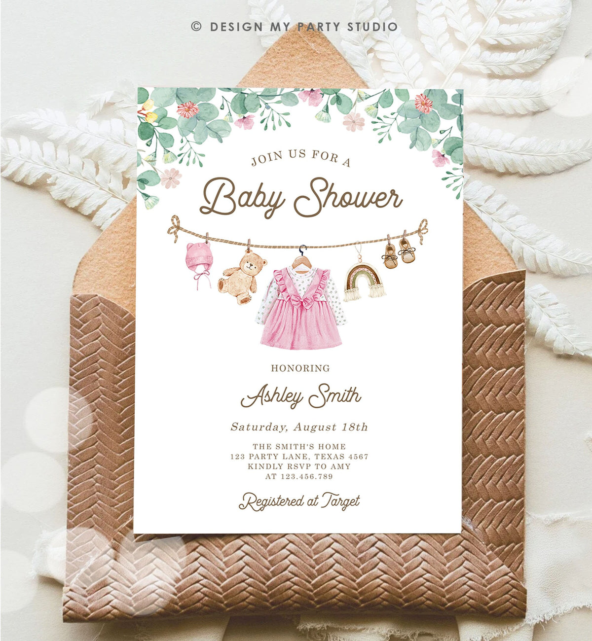 Editable Baby Clothes Baby Shower Invitation Girl Watercolor Clothesline Boho Bohemian Eucalyptus Floral Pink Evite Template Printable 0508