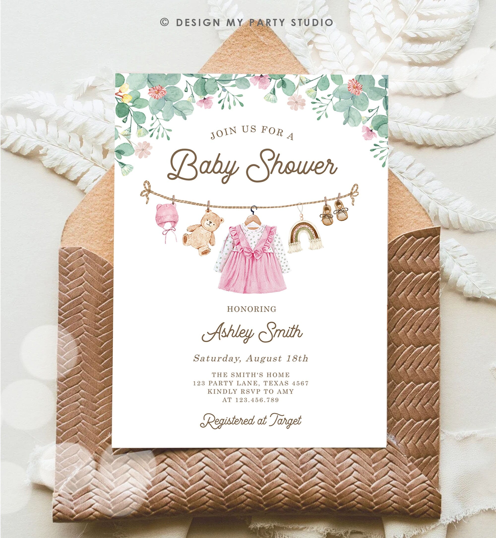 Editable Baby Clothes Baby Shower Invitation Girl Watercolor Clothesline Boho Bohemian Eucalyptus Floral Pink Evite Template Printable 0508