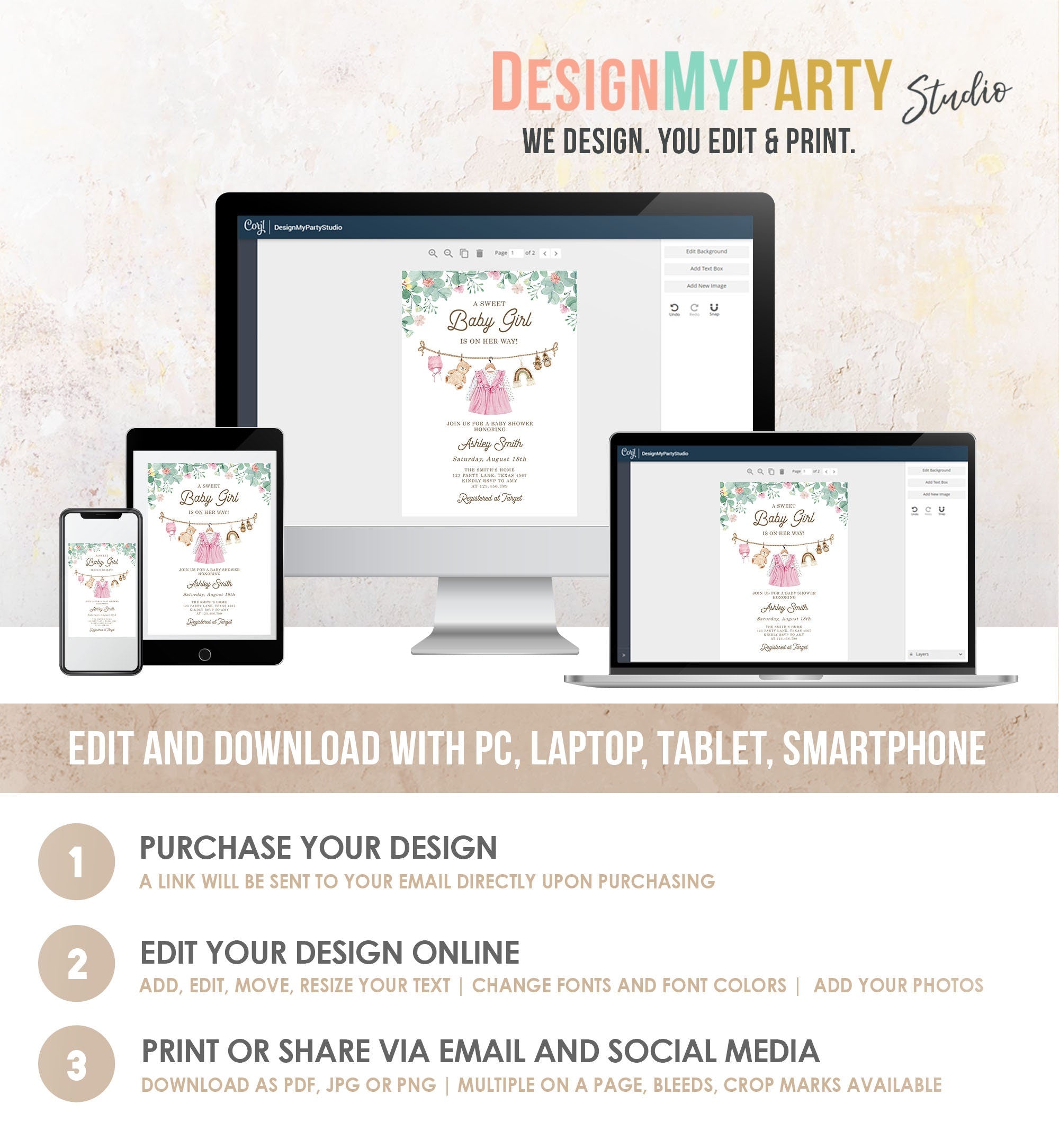 Editable Baby Clothes Baby Shower Invitation Watercolor Girl Boho Clothesline Laundry Eucalyptus Floral Pink Evite Template Printable 0508