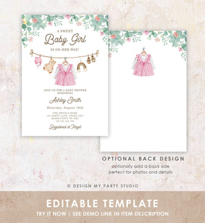 Editable Boho Girl Baby Shower Invitation Watercolor Baby Clothes Clothesline Laundry Eucalyptus Floral Pink Template Download Corjl 0508