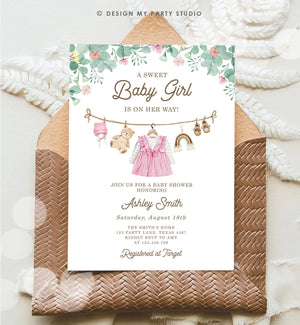 Editable Boho Girl Baby Shower Invitation Watercolor Baby Clothes Clothesline Laundry Eucalyptus Floral Pink Template Download Corjl 0508