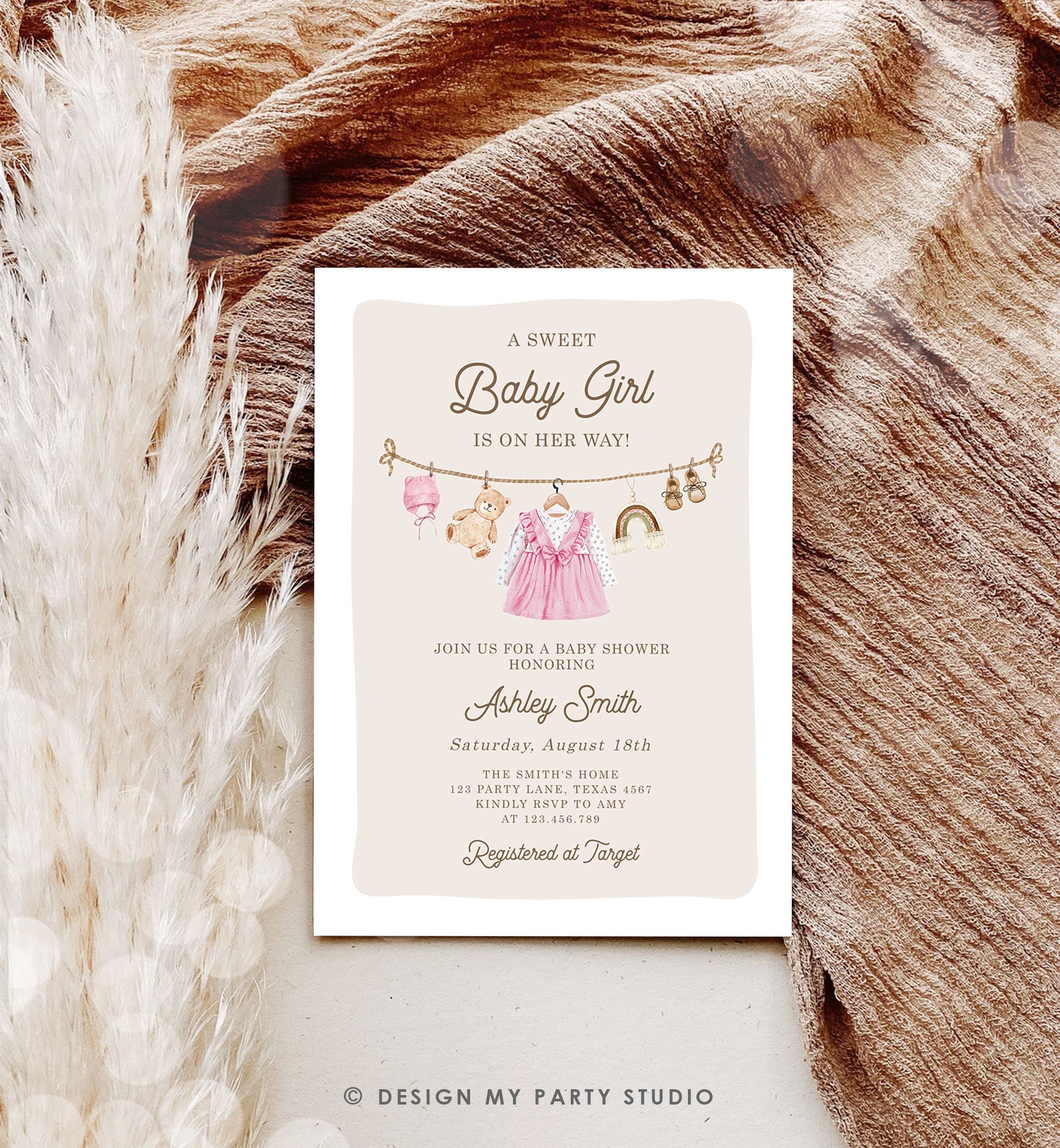Editable Boho Girl Baby Shower Invitation Watercolor Baby Clothes Clothesline Laundry Eucalyptus Floral Pink Template Download Evite 0508