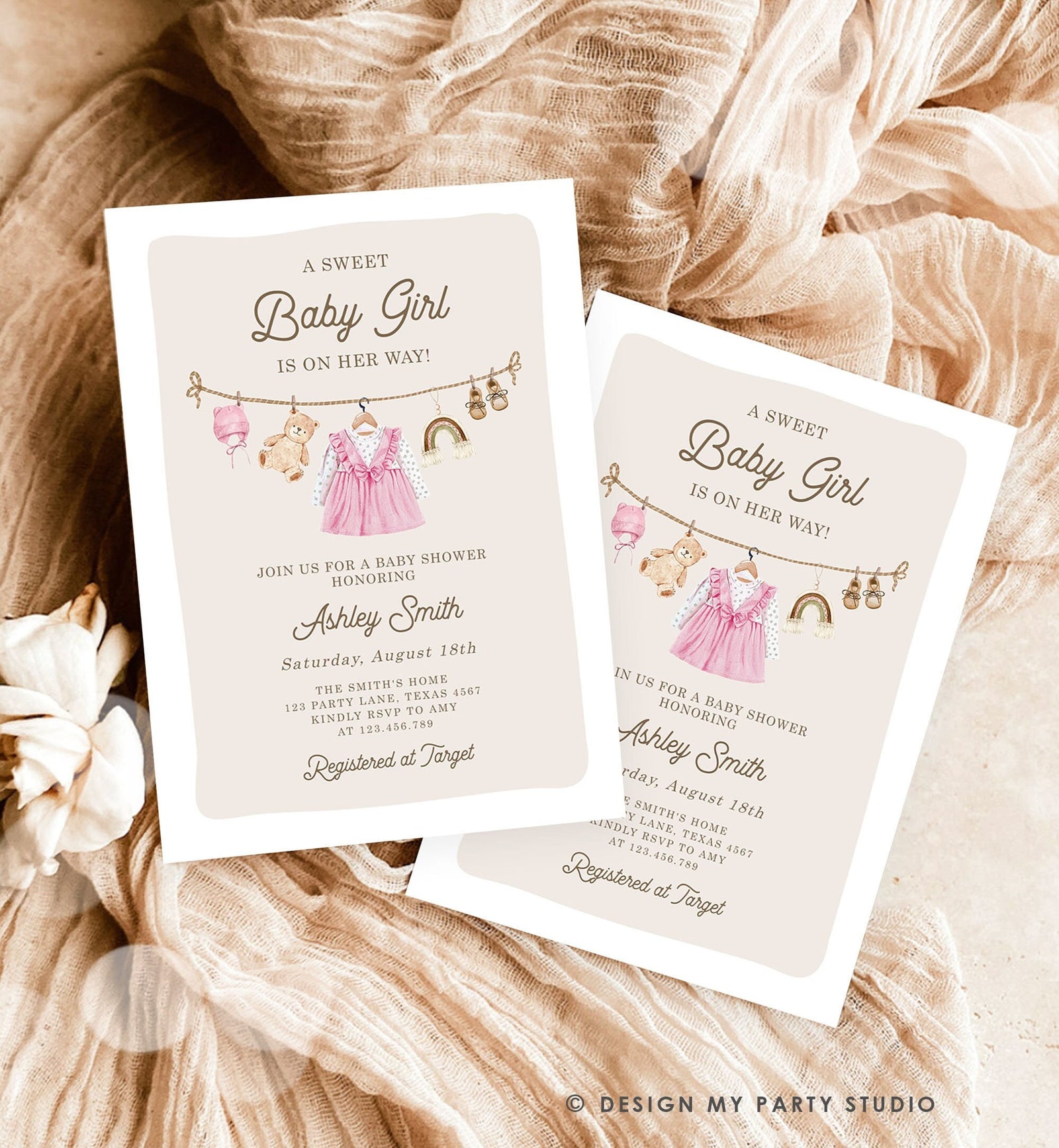 Editable Boho Girl Baby Shower Invitation Watercolor Baby Clothes Clothesline Laundry Eucalyptus Floral Pink Template Download Evite 0508