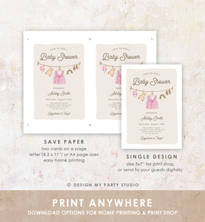 Editable Girl Baby Shower Invitation Watercolor Baby Clothes Clothesline Boho Bohemian Eucalyptus Floral Pink Template Download Corjl 0508