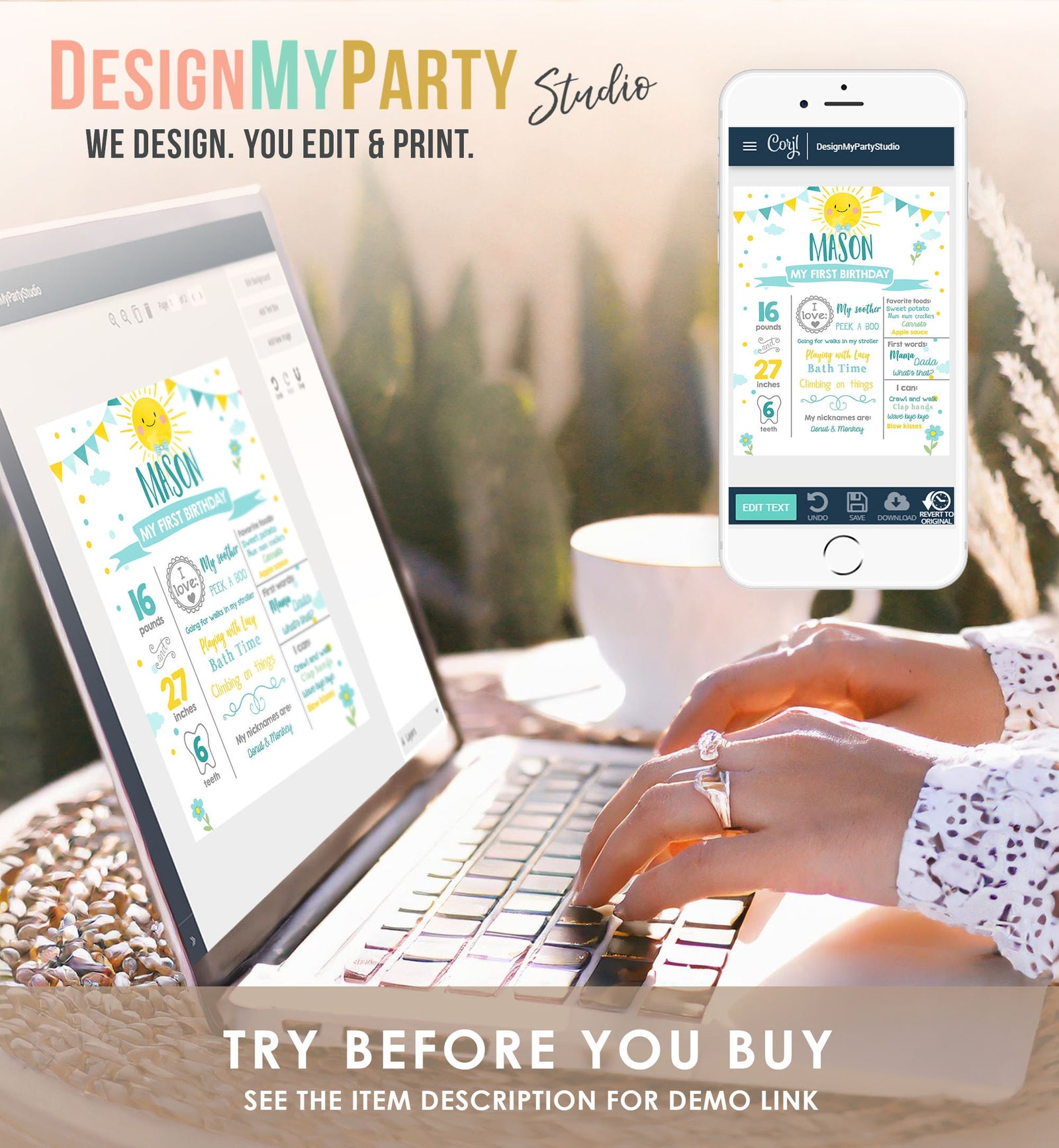 Editable Little Sunshine Birthday Milestone Sign Summer First Birthday 1st Birthday Boy Blue Digital Download Template Printable Poster 0141