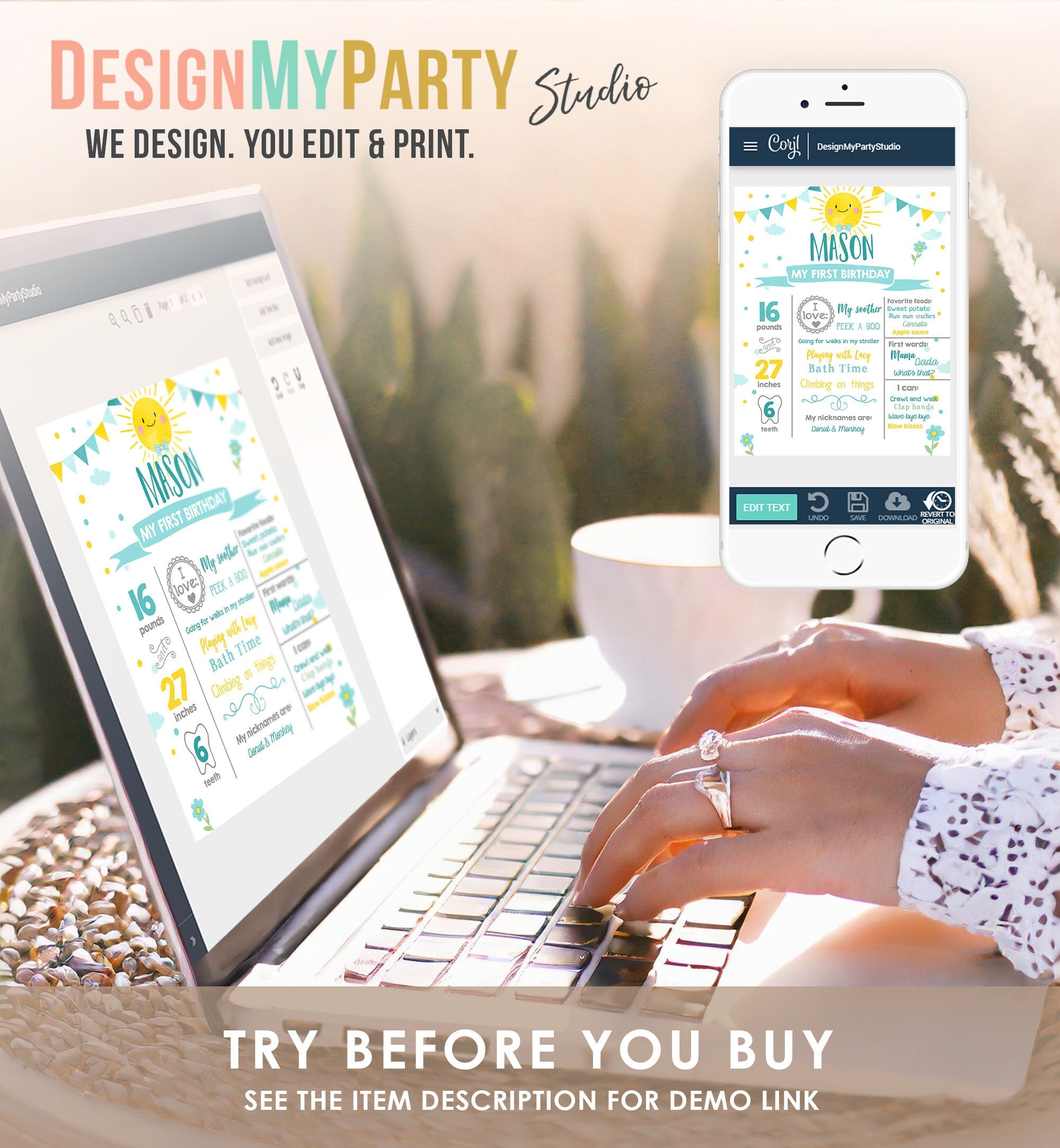 Editable Little Sunshine Birthday Milestone Sign Summer First Birthday 1st Birthday Boy Blue Digital Download Template Printable Poster 0141