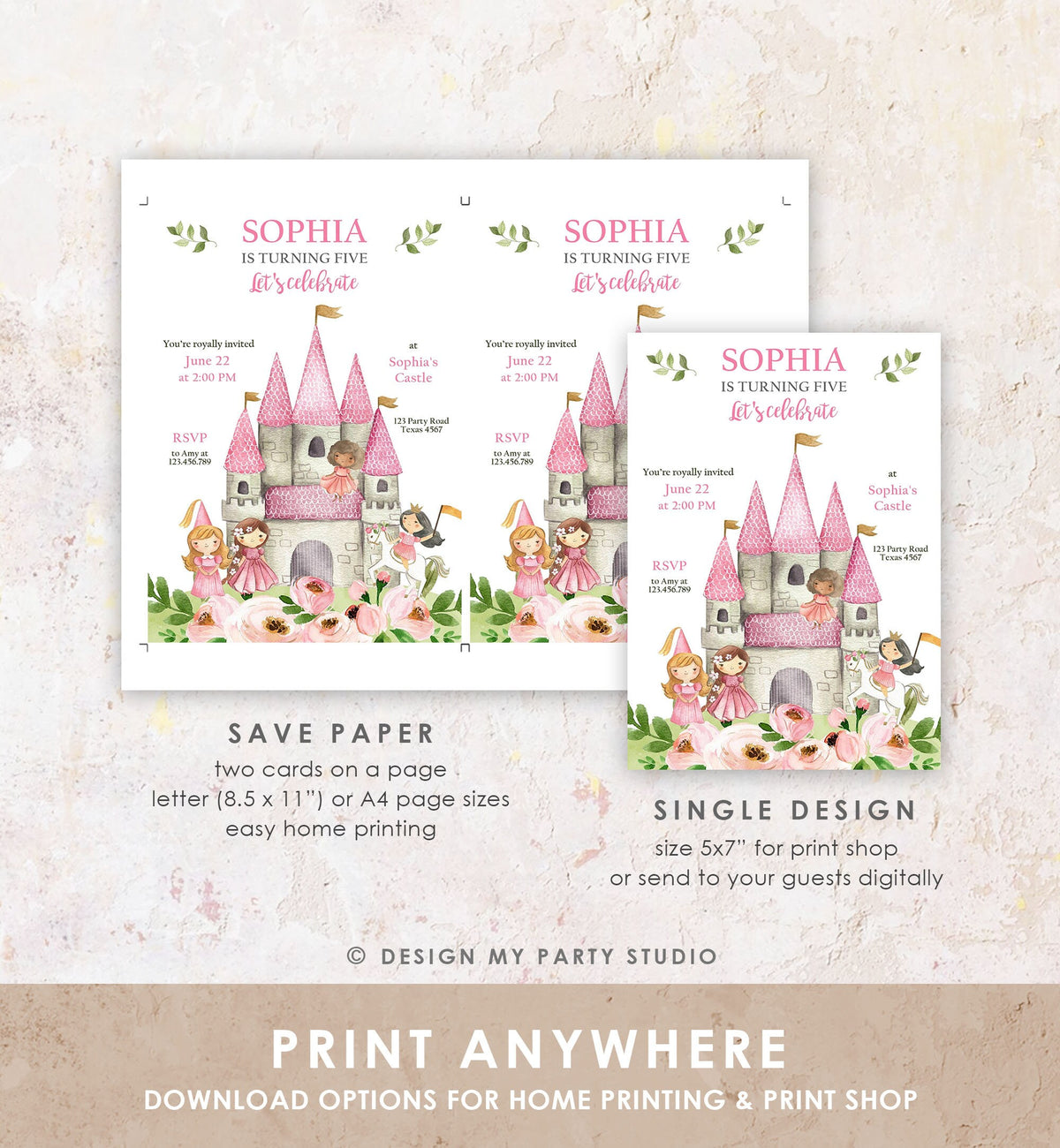 Editable ANY AGE Princess Birthday invitation Once Upon a Time Royal Birthday Pink Girl Gold Floral Download Evite Template Printable 0171