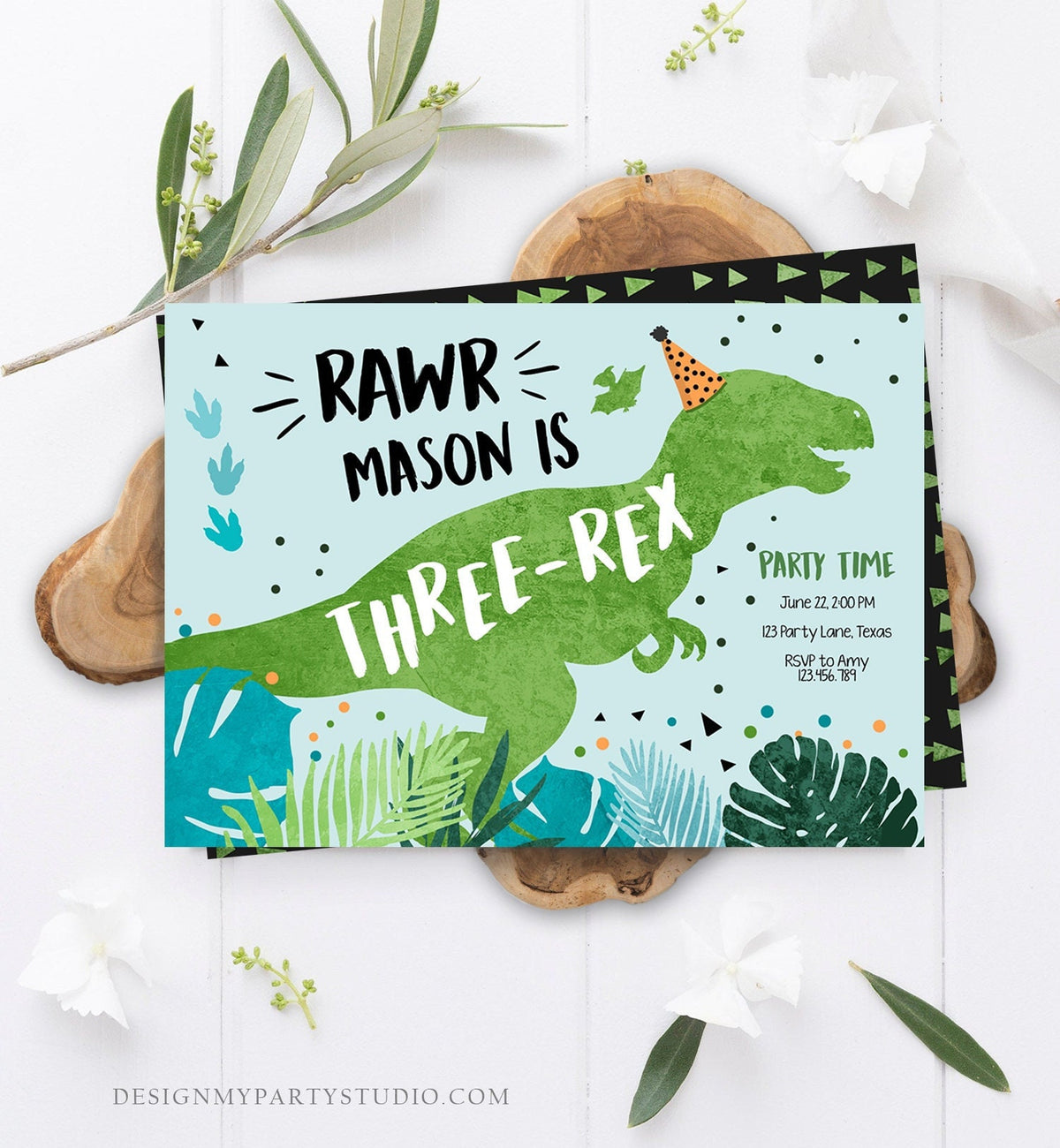Editable Three-Rex Dinosaur Birthday Invitation Dino T-Rex Third Birthday 3rd ROAR RAWR Boy Prehistoric Digital Template Printable 0389