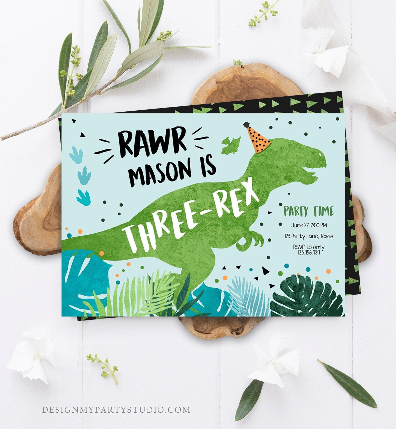 Editable Three-Rex Dinosaur Birthday Invitation Dino T-Rex Third Birthday 3rd ROAR RAWR Boy Prehistoric Digital Template Printable 0389