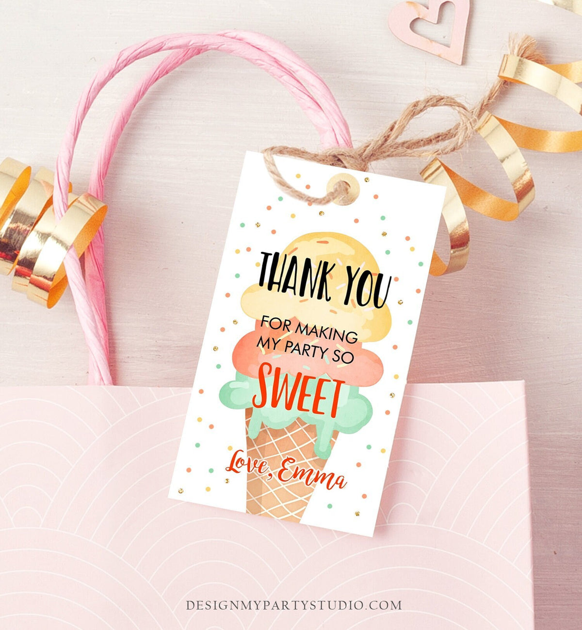 Editable Ice Cream Favor Thank You Tags Ice Cream Birthday Party Girl Yellow Mint Gift Goodie Bag Labels Digital Template Printable 0243