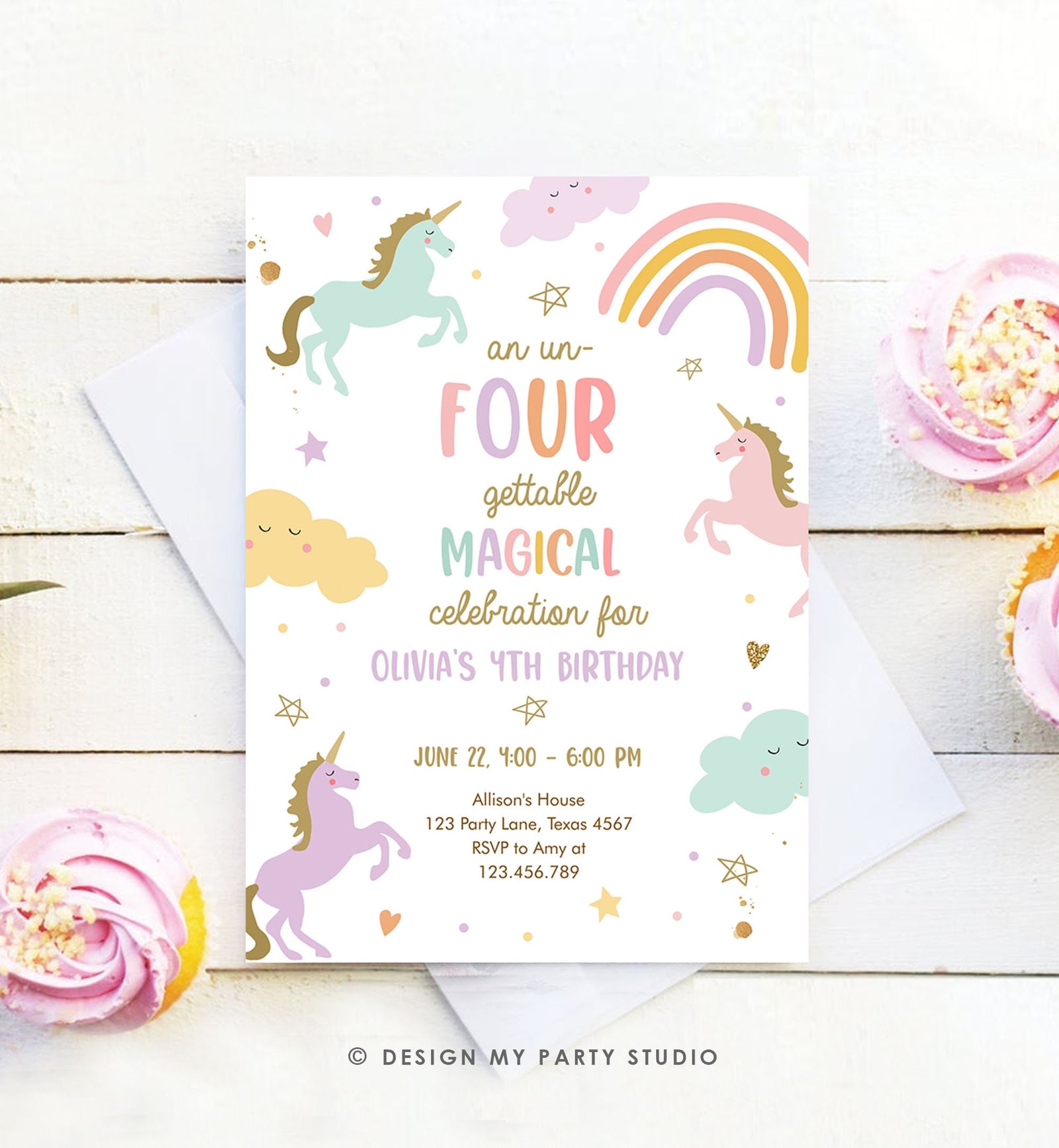 Editable Unicorn 4th Birthday Invitation Un Four Gettable Party Girl Pastel Fourth Rainbow Digital Download Evite Template Printable 0426